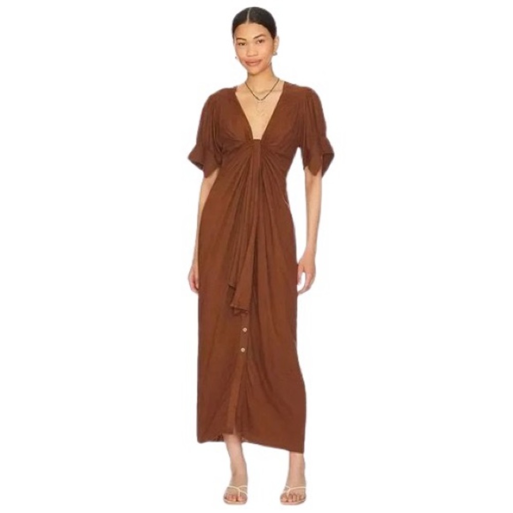 Free People Vintage Summer Midi Dress Buttondown Solid Ruched